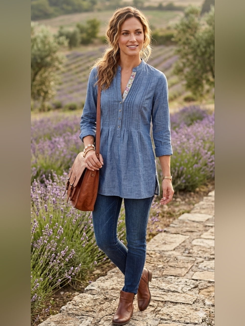 Natural Reflections Women's Chambray Pintuck Tunic Top - Blue Size Medium